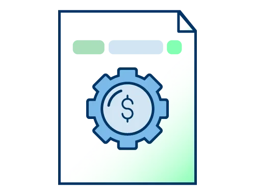 Paper icon with gear and dollar sign on it